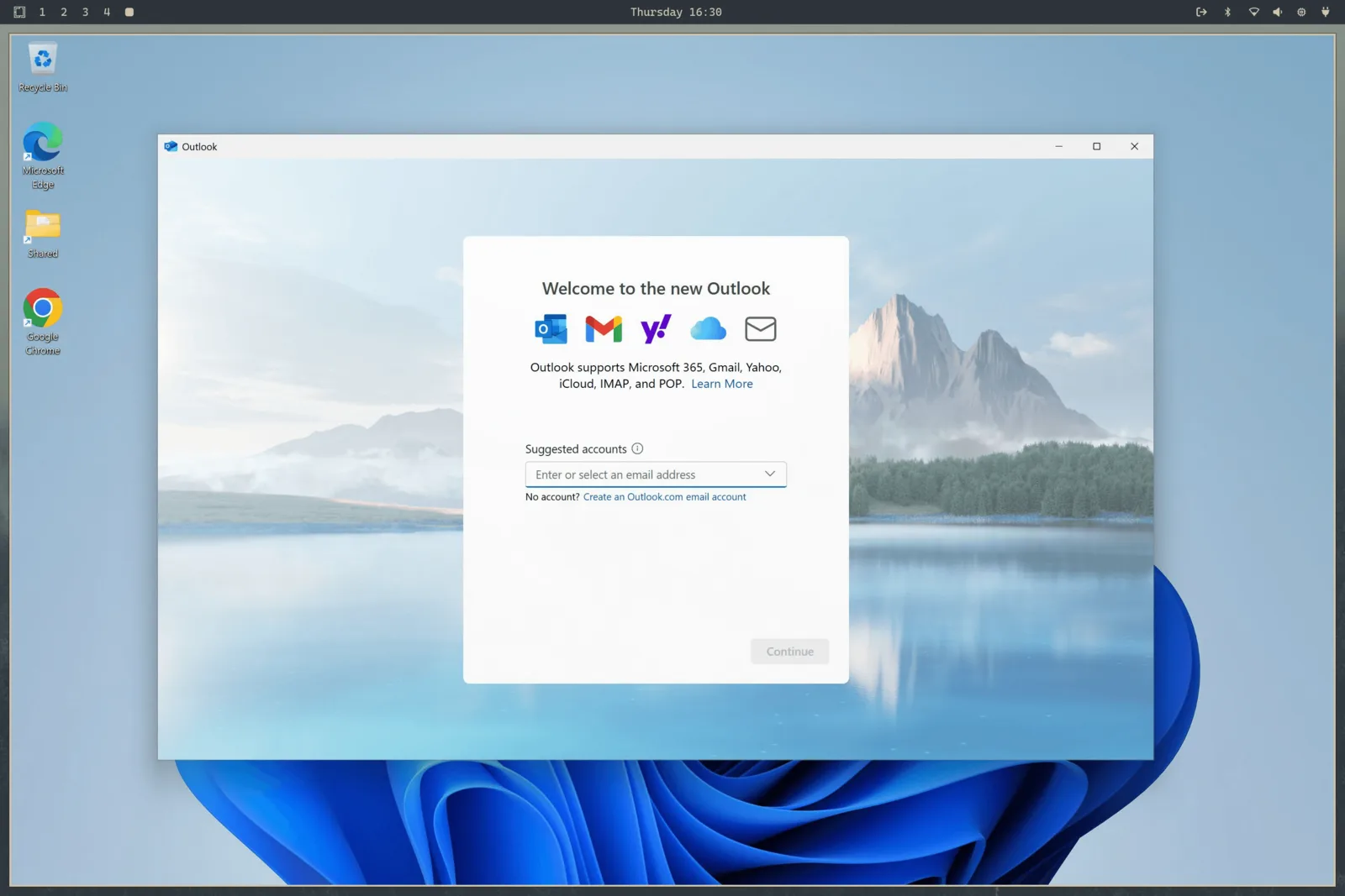 Windows 11 running Outlook inside Omarchy, with the Omarchy desktop bar visible above it